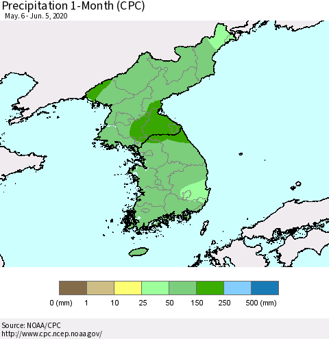 Korea Precipitation 1-Month (CPC) Thematic Map For 5/6/2020 - 6/5/2020