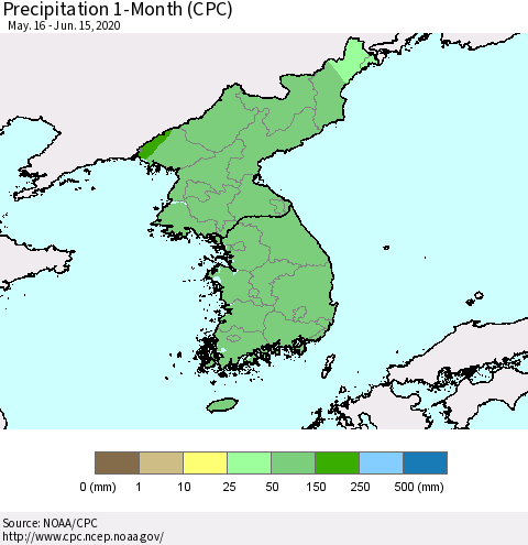 Korea Precipitation 1-Month (CPC) Thematic Map For 5/16/2020 - 6/15/2020