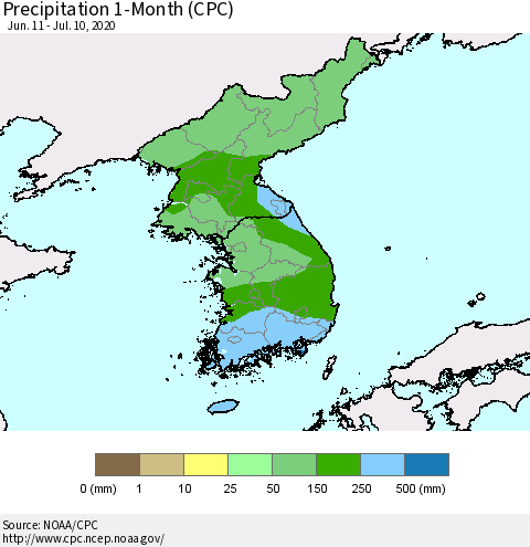 Korea Precipitation 1-Month (CPC) Thematic Map For 6/11/2020 - 7/10/2020