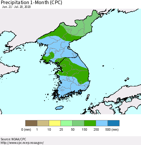 Korea Precipitation 1-Month (CPC) Thematic Map For 6/21/2020 - 7/20/2020