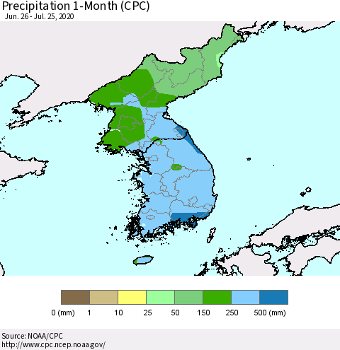 Korea Precipitation 1-Month (CPC) Thematic Map For 6/26/2020 - 7/25/2020