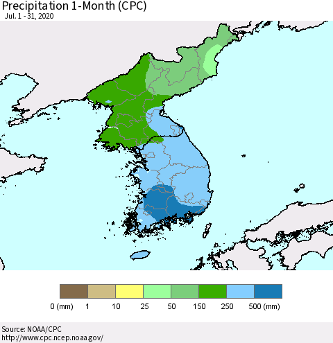 Korea Precipitation 1-Month (CPC) Thematic Map For 7/1/2020 - 7/31/2020