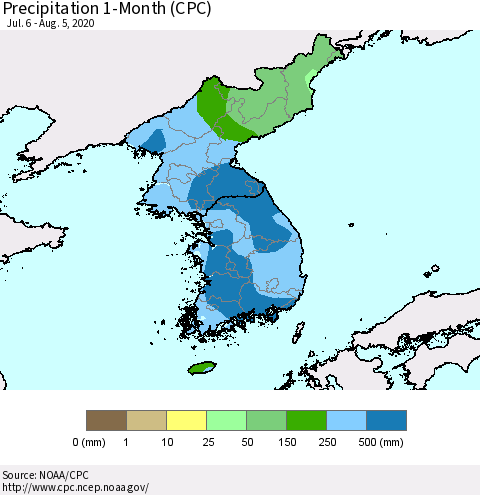 Korea Precipitation 1-Month (CPC) Thematic Map For 7/6/2020 - 8/5/2020