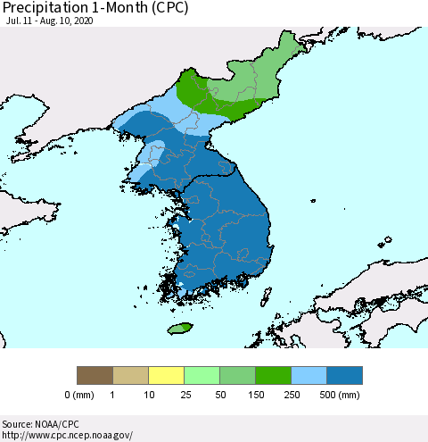 Korea Precipitation 1-Month (CPC) Thematic Map For 7/11/2020 - 8/10/2020