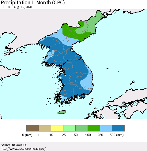 Korea Precipitation 1-Month (CPC) Thematic Map For 7/16/2020 - 8/15/2020