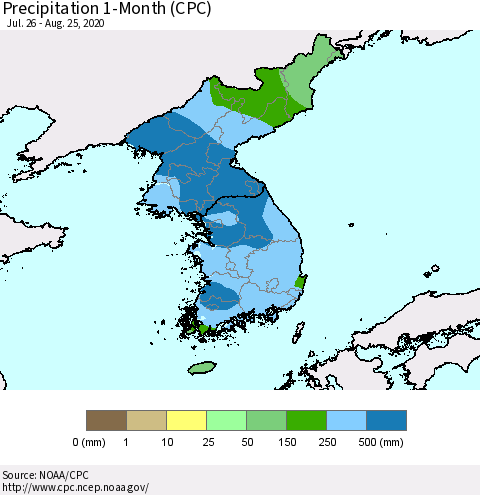 Korea Precipitation 1-Month (CPC) Thematic Map For 7/26/2020 - 8/25/2020