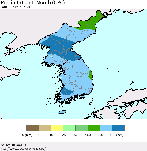 Korea Precipitation 1-Month (CPC) Thematic Map For 8/6/2020 - 9/5/2020