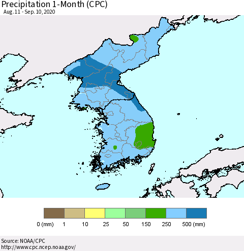 Korea Precipitation 1-Month (CPC) Thematic Map For 8/11/2020 - 9/10/2020