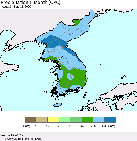 Korea Precipitation 1-Month (CPC) Thematic Map For 8/16/2020 - 9/15/2020