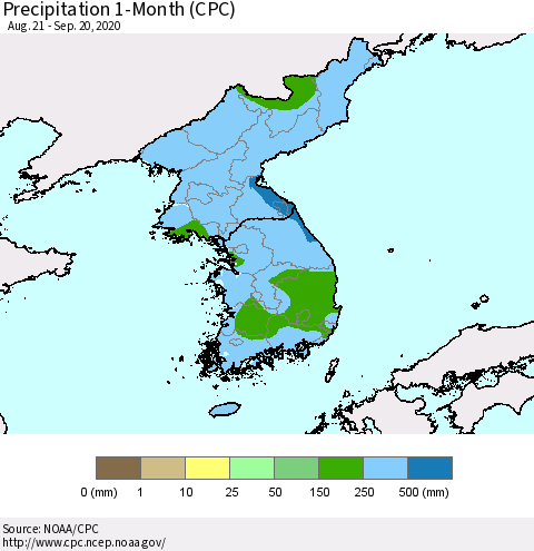 Korea Precipitation 1-Month (CPC) Thematic Map For 8/21/2020 - 9/20/2020