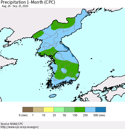 Korea Precipitation 1-Month (CPC) Thematic Map For 8/26/2020 - 9/25/2020