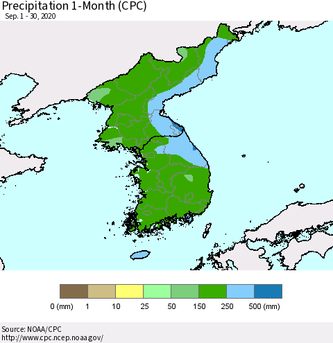 Korea Precipitation 1-Month (CPC) Thematic Map For 9/1/2020 - 9/30/2020