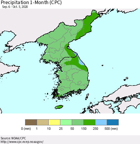 Korea Precipitation 1-Month (CPC) Thematic Map For 9/6/2020 - 10/5/2020
