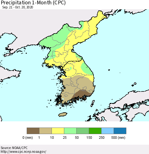 Korea Precipitation 1-Month (CPC) Thematic Map For 9/21/2020 - 10/20/2020