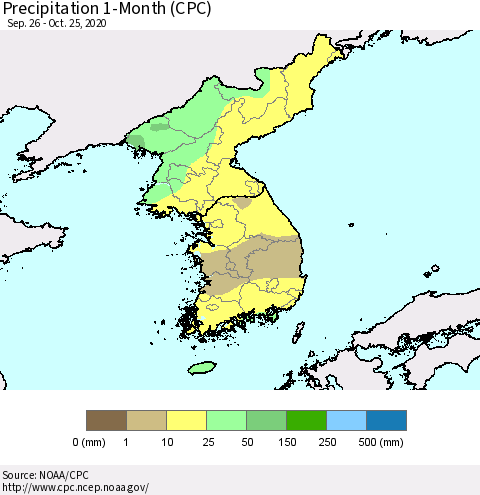 Korea Precipitation 1-Month (CPC) Thematic Map For 9/26/2020 - 10/25/2020