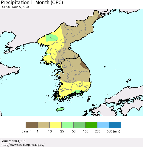 Korea Precipitation 1-Month (CPC) Thematic Map For 10/6/2020 - 11/5/2020