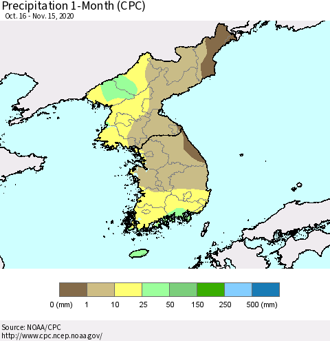 Korea Precipitation 1-Month (CPC) Thematic Map For 10/16/2020 - 11/15/2020