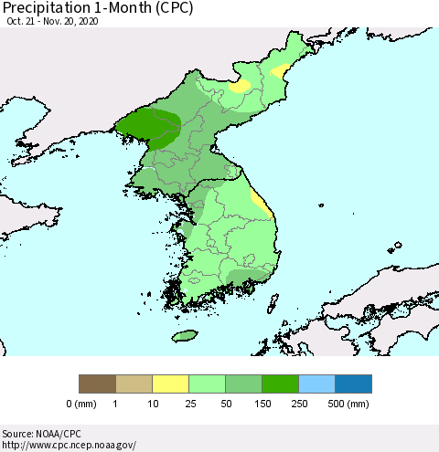 Korea Precipitation 1-Month (CPC) Thematic Map For 10/21/2020 - 11/20/2020