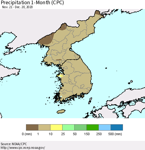 Korea Precipitation 1-Month (CPC) Thematic Map For 11/21/2020 - 12/20/2020
