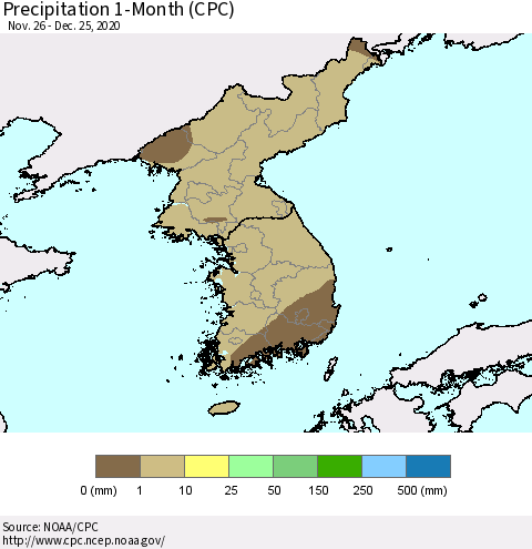 Korea Precipitation 1-Month (CPC) Thematic Map For 11/26/2020 - 12/25/2020