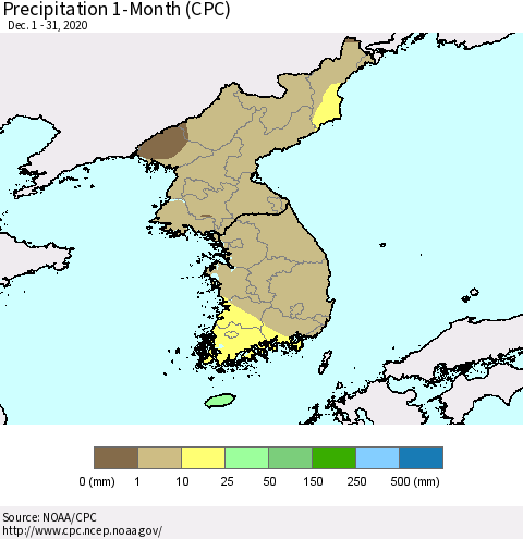 Korea Precipitation 1-Month (CPC) Thematic Map For 12/1/2020 - 12/31/2020