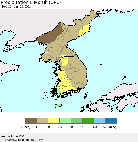 Korea Precipitation 1-Month (CPC) Thematic Map For 12/11/2020 - 1/10/2021