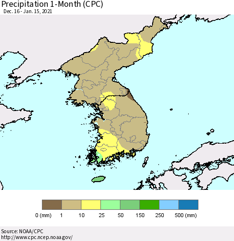 Korea Precipitation 1-Month (CPC) Thematic Map For 12/16/2020 - 1/15/2021