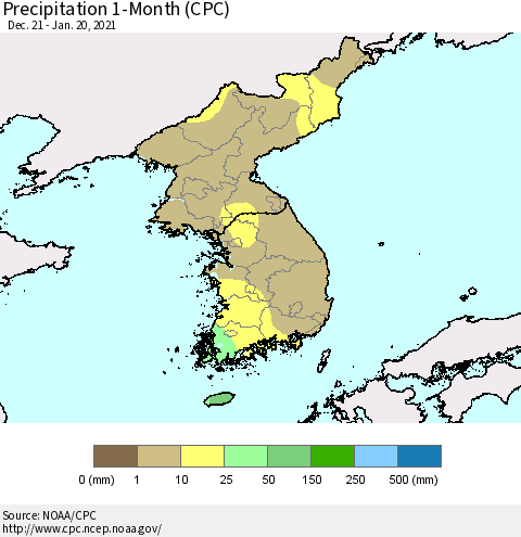 Korea Precipitation 1-Month (CPC) Thematic Map For 12/21/2020 - 1/20/2021
