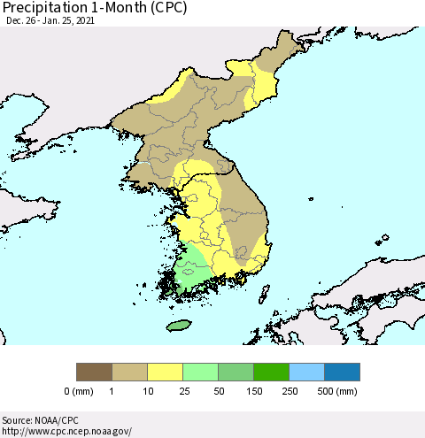 Korea Precipitation 1-Month (CPC) Thematic Map For 12/26/2020 - 1/25/2021