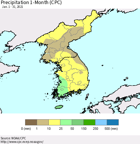 Korea Precipitation 1-Month (CPC) Thematic Map For 1/1/2021 - 1/31/2021