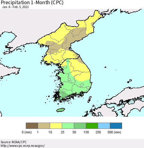 Korea Precipitation 1-Month (CPC) Thematic Map For 1/6/2021 - 2/5/2021