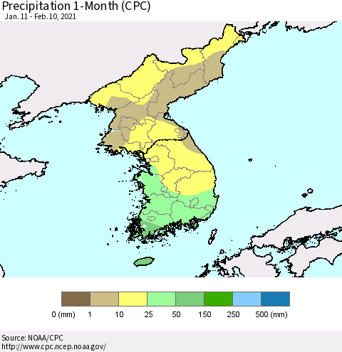 Korea Precipitation 1-Month (CPC) Thematic Map For 1/11/2021 - 2/10/2021