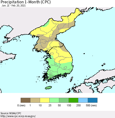 Korea Precipitation 1-Month (CPC) Thematic Map For 1/21/2021 - 2/20/2021
