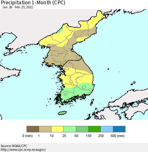 Korea Precipitation 1-Month (CPC) Thematic Map For 1/26/2021 - 2/25/2021