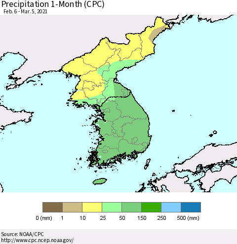 Korea Precipitation 1-Month (CPC) Thematic Map For 2/6/2021 - 3/5/2021