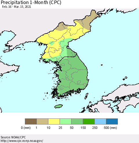 Korea Precipitation 1-Month (CPC) Thematic Map For 2/16/2021 - 3/15/2021