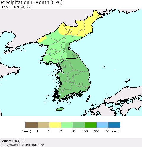 Korea Precipitation 1-Month (CPC) Thematic Map For 2/21/2021 - 3/20/2021