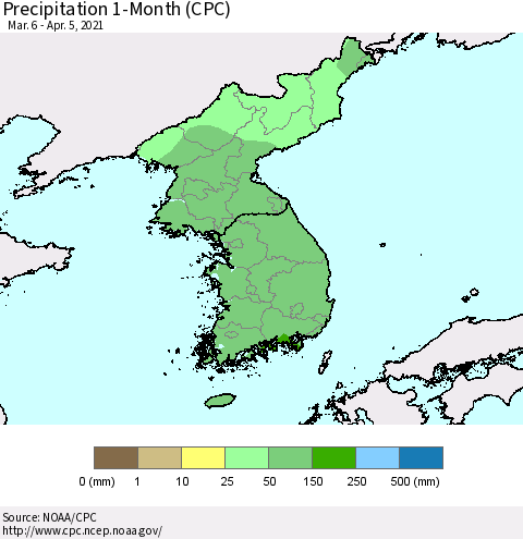 Korea Precipitation 1-Month (CPC) Thematic Map For 3/6/2021 - 4/5/2021