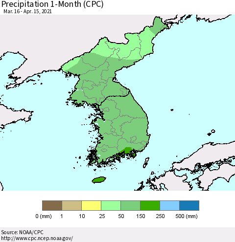 Korea Precipitation 1-Month (CPC) Thematic Map For 3/16/2021 - 4/15/2021