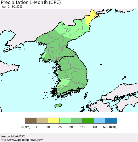 Korea Precipitation 1-Month (CPC) Thematic Map For 4/1/2021 - 4/30/2021