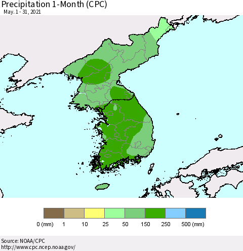 Korea Precipitation 1-Month (CPC) Thematic Map For 5/1/2021 - 5/31/2021