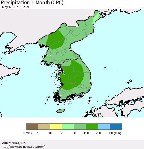 Korea Precipitation 1-Month (CPC) Thematic Map For 5/6/2021 - 6/5/2021