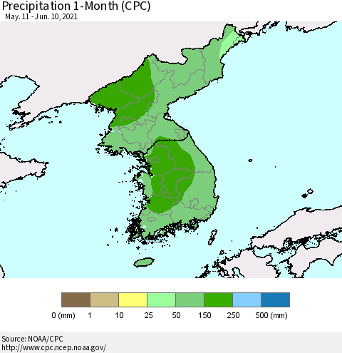 Korea Precipitation 1-Month (CPC) Thematic Map For 5/11/2021 - 6/10/2021