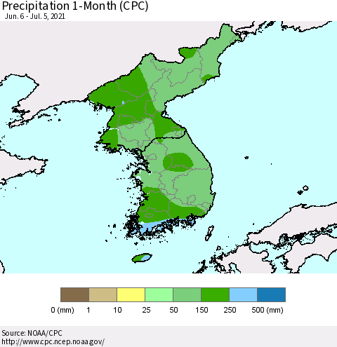 Korea Precipitation 1-Month (CPC) Thematic Map For 6/6/2021 - 7/5/2021