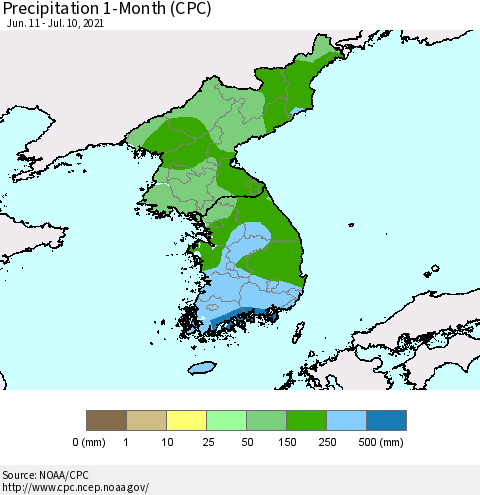 Korea Precipitation 1-Month (CPC) Thematic Map For 6/11/2021 - 7/10/2021