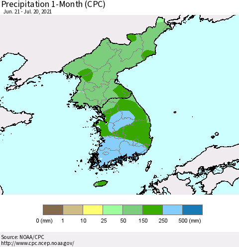 Korea Precipitation 1-Month (CPC) Thematic Map For 6/21/2021 - 7/20/2021