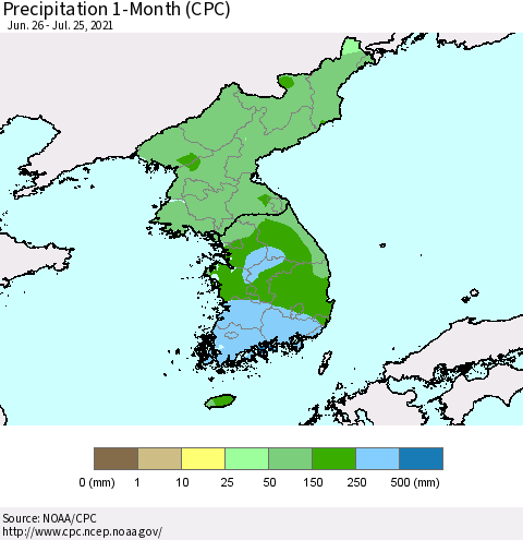 Korea Precipitation 1-Month (CPC) Thematic Map For 6/26/2021 - 7/25/2021