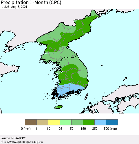Korea Precipitation 1-Month (CPC) Thematic Map For 7/6/2021 - 8/5/2021