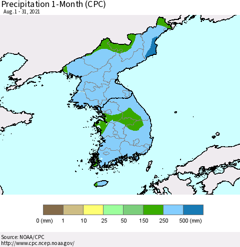 Korea Precipitation 1-Month (CPC) Thematic Map For 8/1/2021 - 8/31/2021
