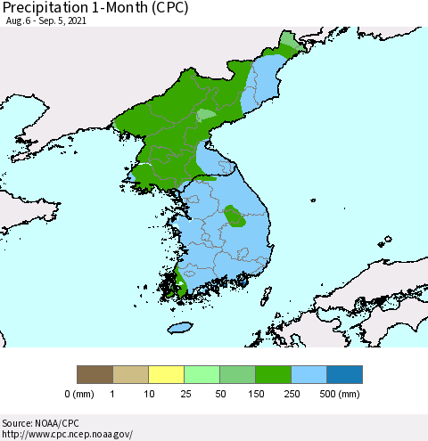 Korea Precipitation 1-Month (CPC) Thematic Map For 8/6/2021 - 9/5/2021
